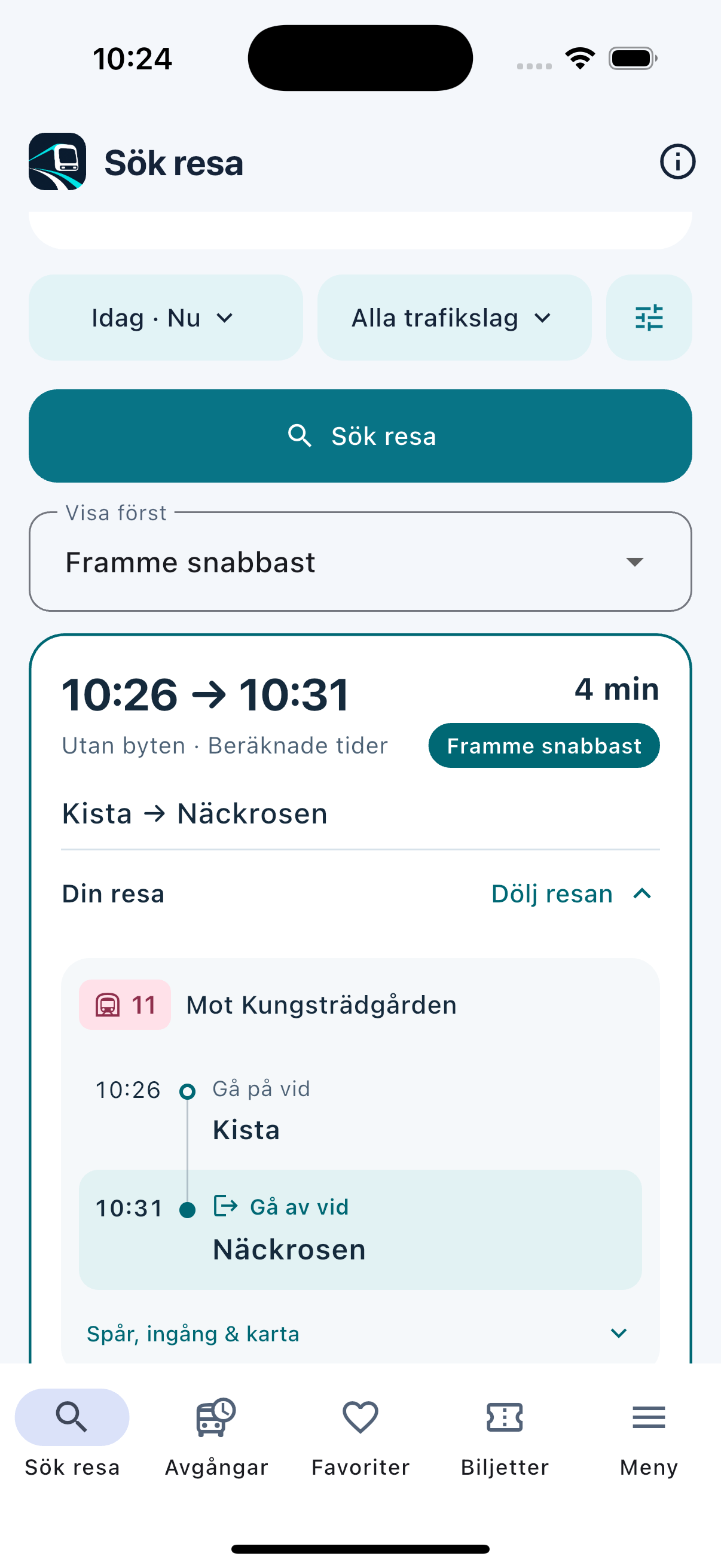 Koll 08 på iPhone med tydlig påstigning vid Kista och avstigning vid Näckrosen.