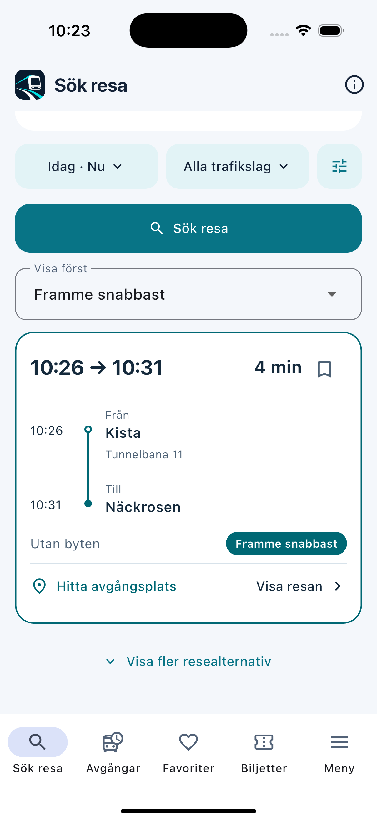 Koll 08 på iPhone med en riktig resesökning från Kista till Näckrosen, restid och möjlighet att visa resan.