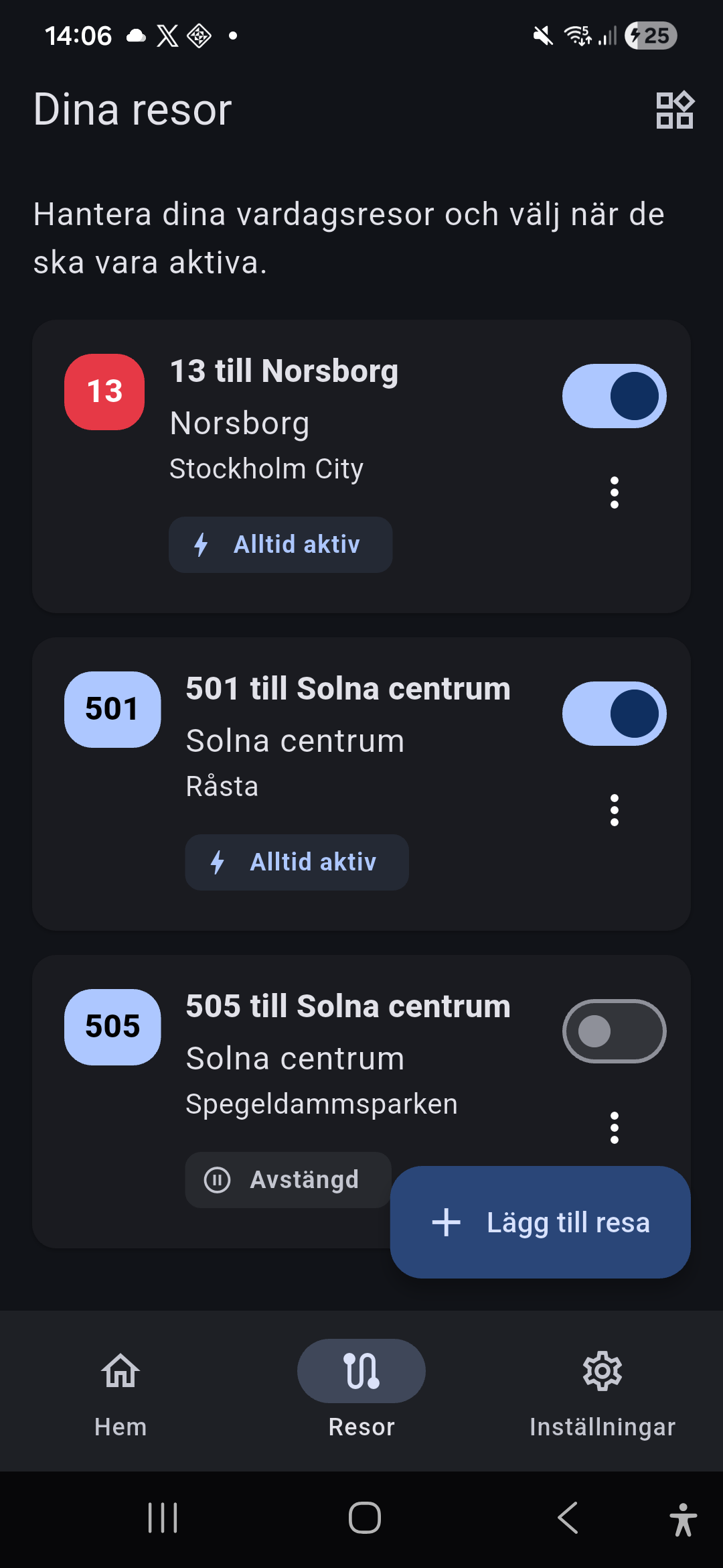 Sparade resor i SL Commute. Två profiler är alltid aktiva och en tredje är avstängd.